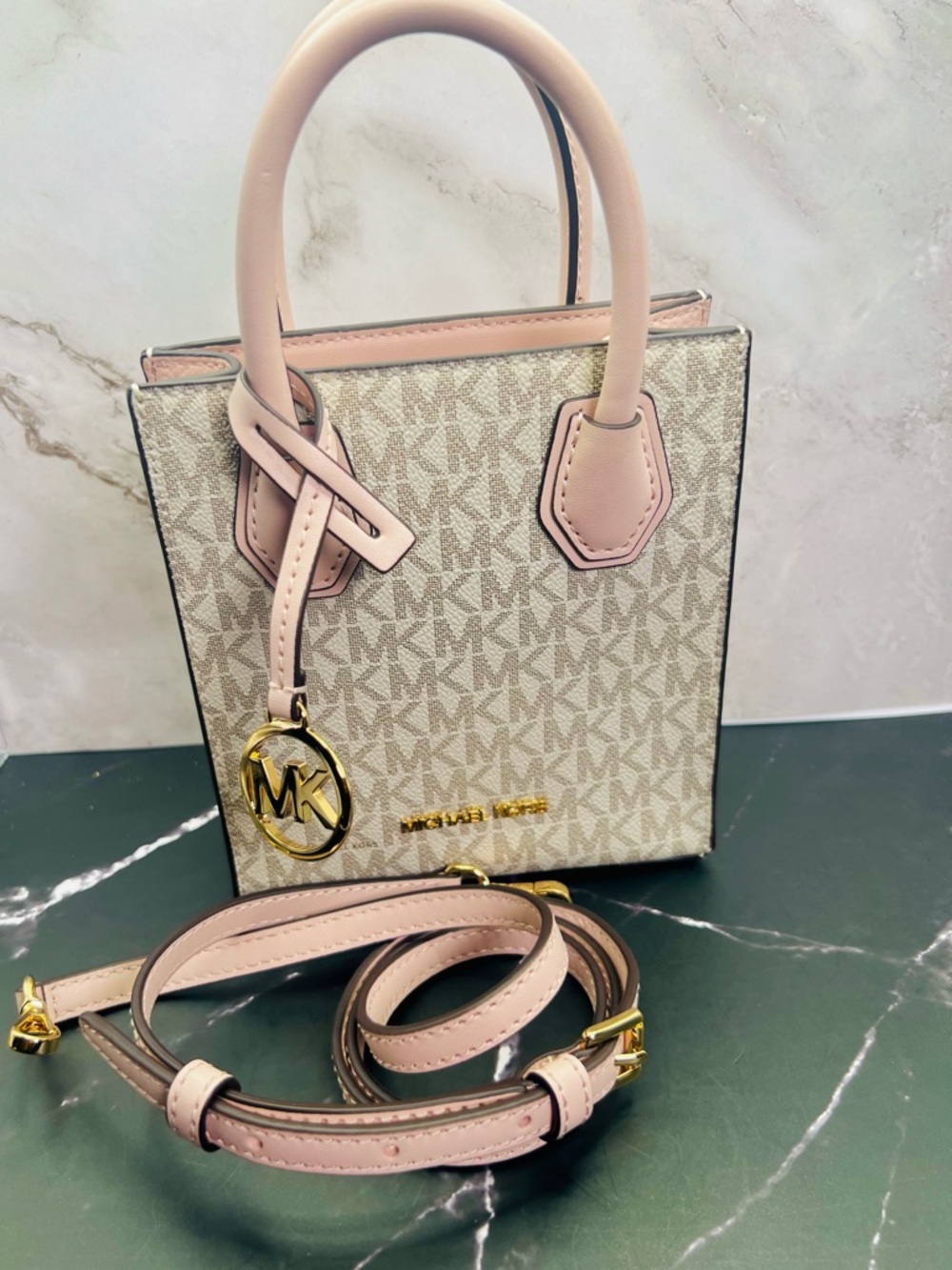 Michael Kors Mercer Extra Small Logo & Leather Crossbody Beige & Blush Trim EUC